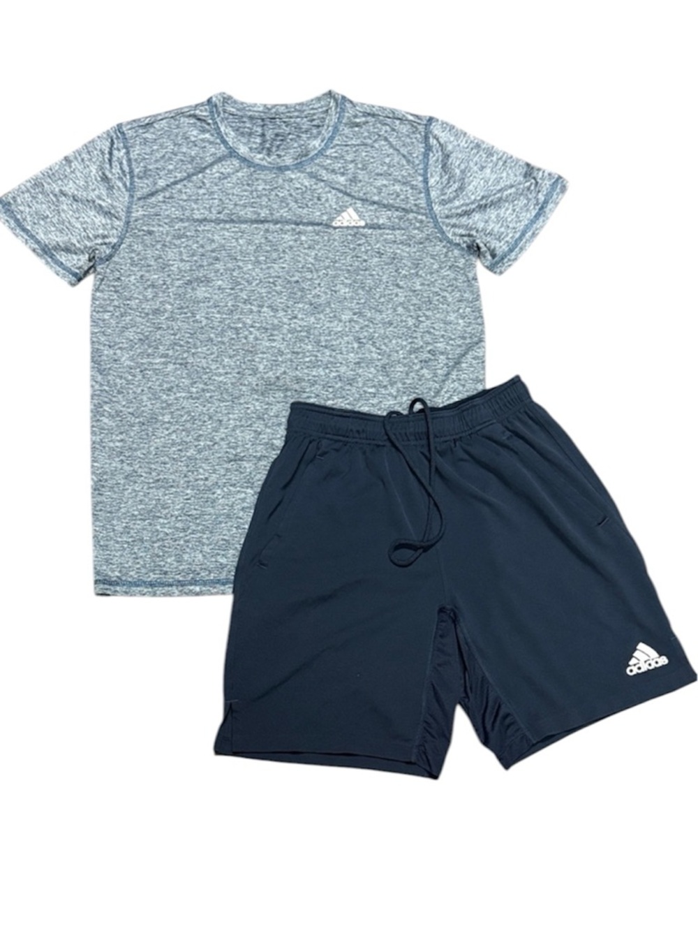 Adidas Set - Men’s Active Navy Athletic Shorts / blue heathered Dry Fit Tee - M